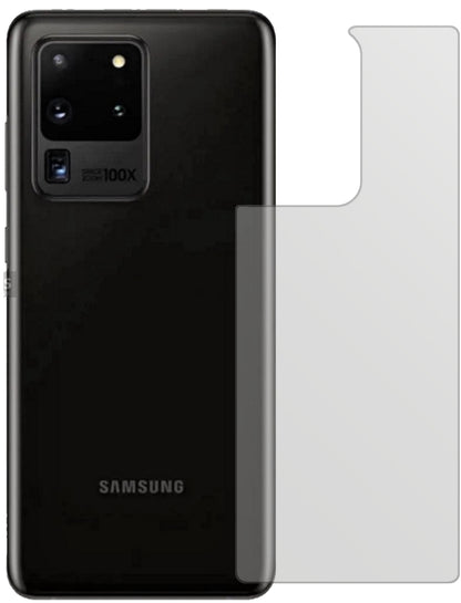 SamsungGalaxy S20 Ultra Rückseite mit aufgebrachter dipos Displayschutzfolie, die lästige Fingerabdrücke minimiert