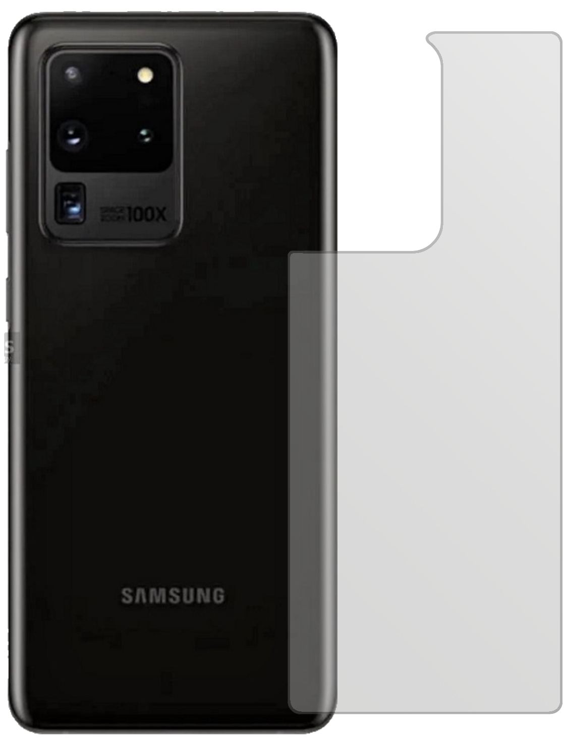 SamsungGalaxy S20 Ultra Rückseite mit aufgebrachter dipos Displayschutzfolie, die lästige Fingerabdrücke minimiert