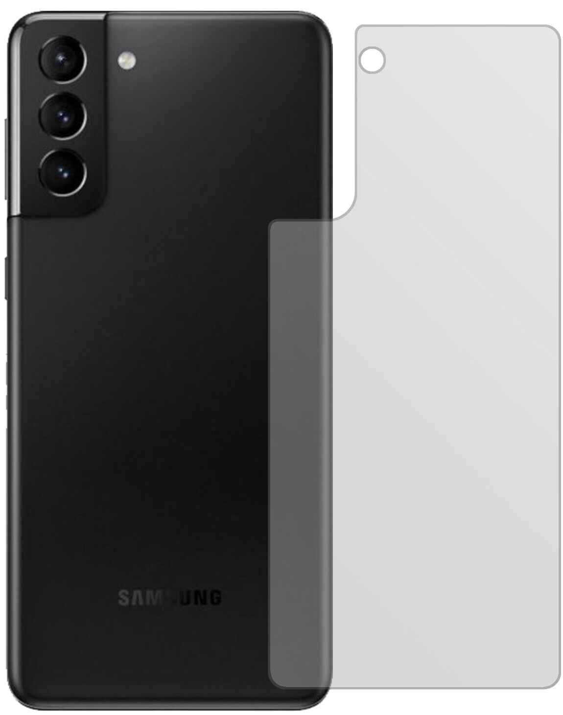 SamsungGalaxy S21 Rückseite mit aufgebrachter dipos Displayschutzfolie, die lästige Fingerabdrücke minimiert