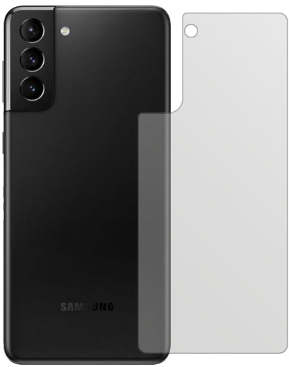 SamsungGalaxy S21 Rückseite mit aufgebrachter dipos Displayschutzfolie, die lästige Fingerabdrücke minimiert