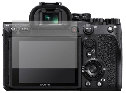 SonyA7R IV mit aufgebrachter dipos Displayschutzfolie, die lästige Fingerabdrücke minimiert