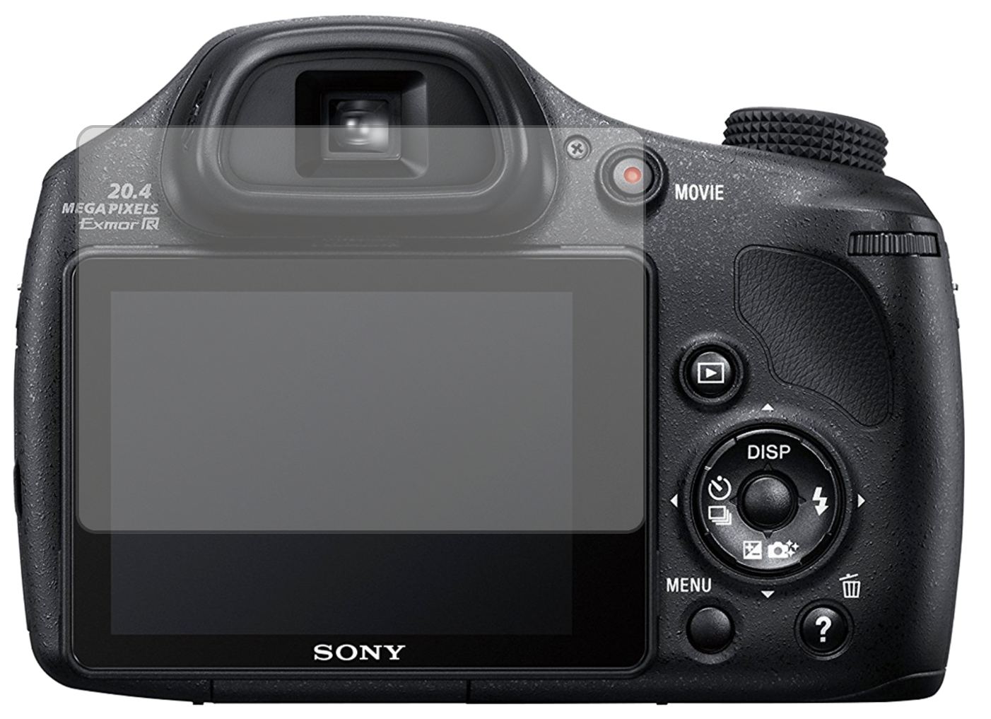SonyDSC-HX350B mit aufgebrachter dipos Displayschutzfolie, die lästige Fingerabdrücke minimiert