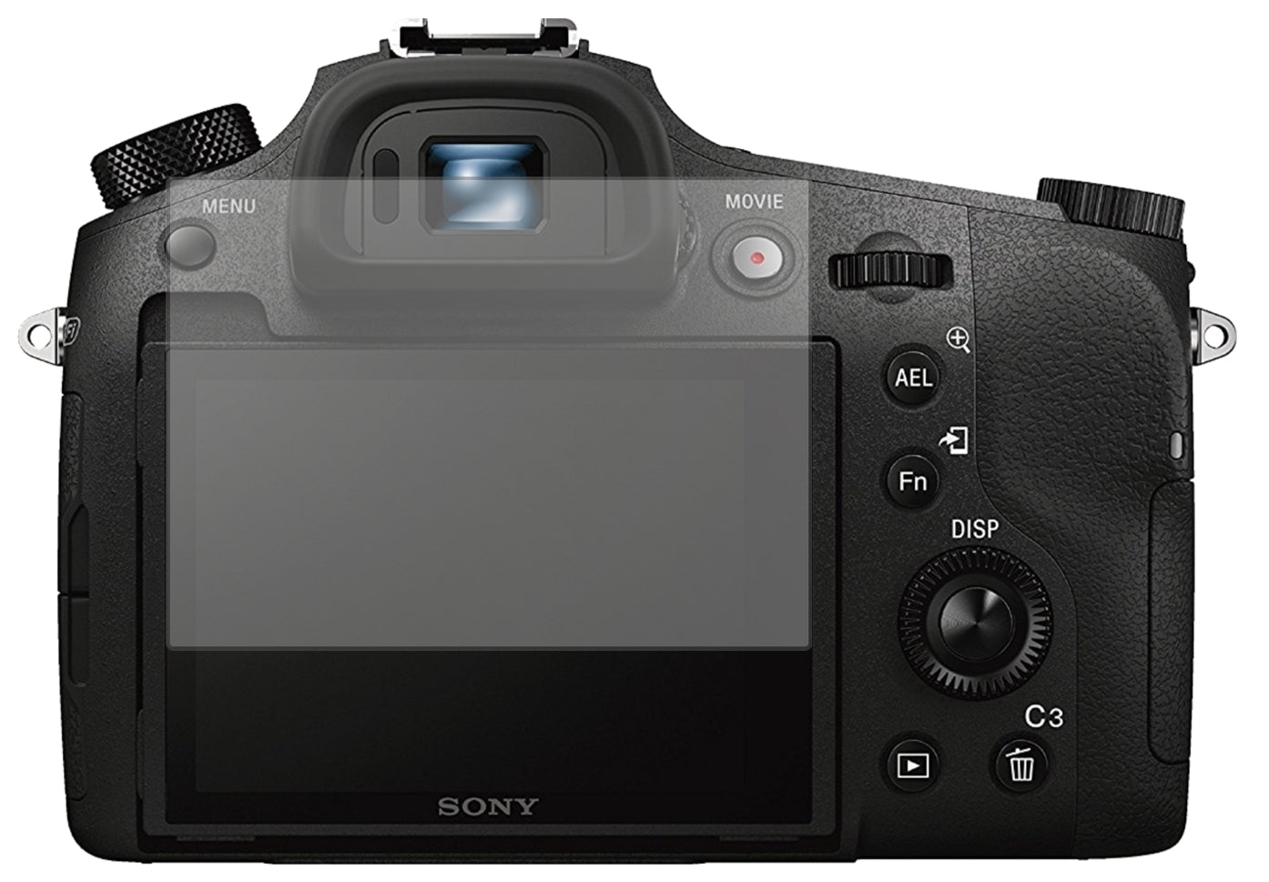 SonyDSC-RX10M3 mit aufgebrachter dipos Displayschutzfolie, die lästige Fingerabdrücke minimiert
