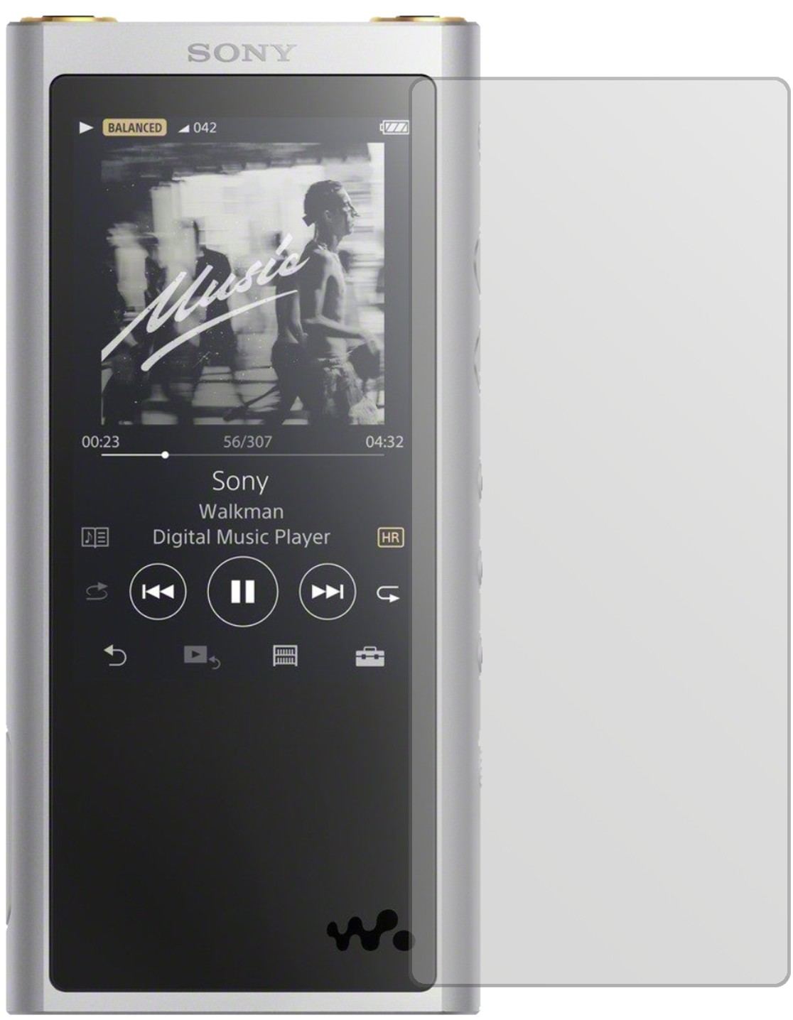 SonyNW-ZX300 (MP3-Player) mit aufgebrachter dipos Displayschutzfolie, die lästige Fingerabdrücke minimiert