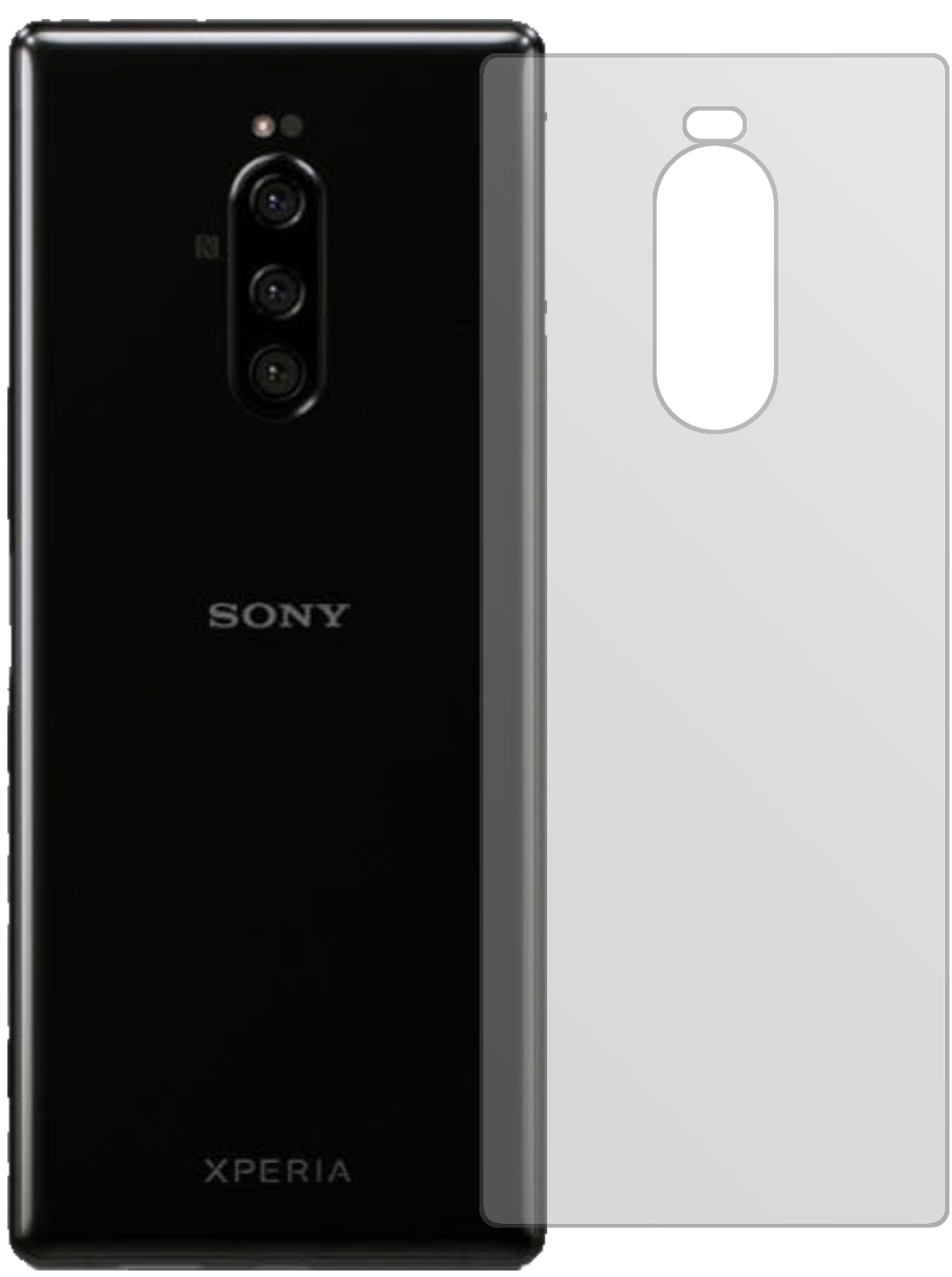 SonyXperia 1 Rückseite mit aufgebrachter dipos Displayschutzfolie, die lästige Fingerabdrücke minimiert