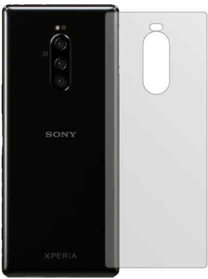 SonyXperia 1 Rückseite mit aufgebrachter dipos Displayschutzfolie, die lästige Fingerabdrücke minimiert