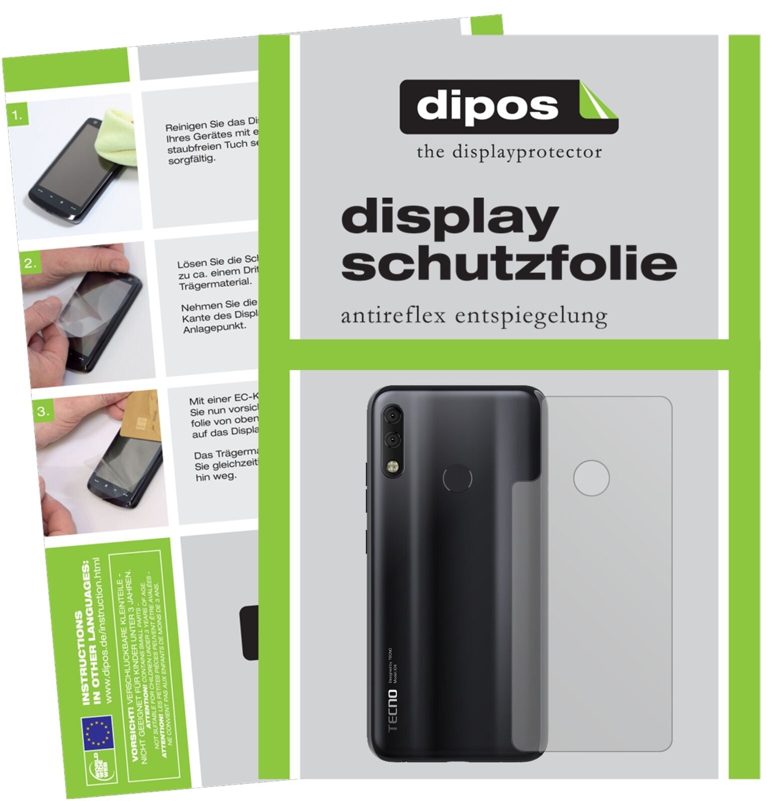 TecnoCamon 11 Pro Rückseite mit aufgebrachter dipos Displayschutzfolie, die lästige Fingerabdrücke minimiert