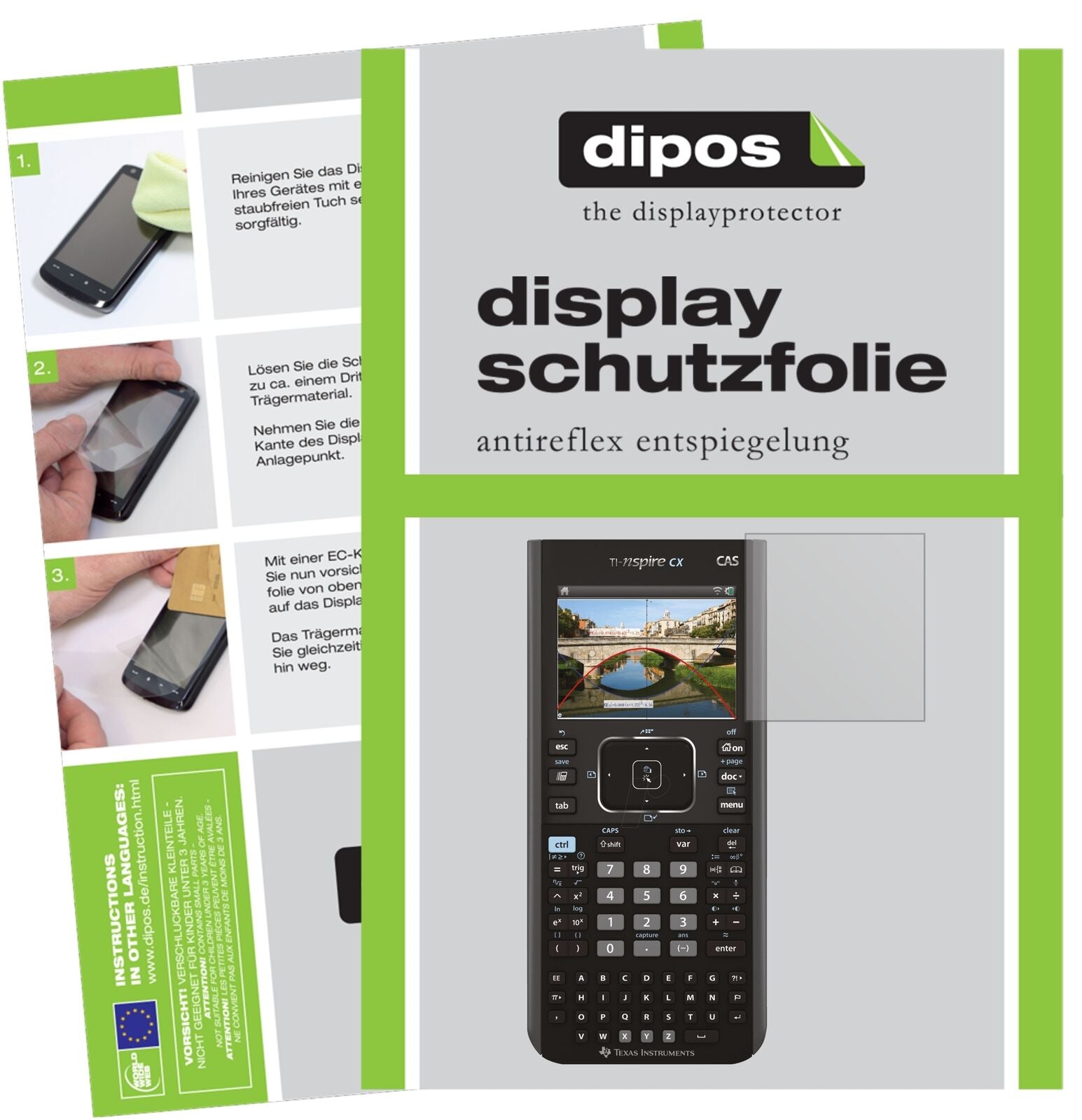 TexasInstruments TI Nspire CX CAS Taschenrechner mit aufgebrachter dipos Displayschutzfolie, die lästige Fingerabdrücke minimiert