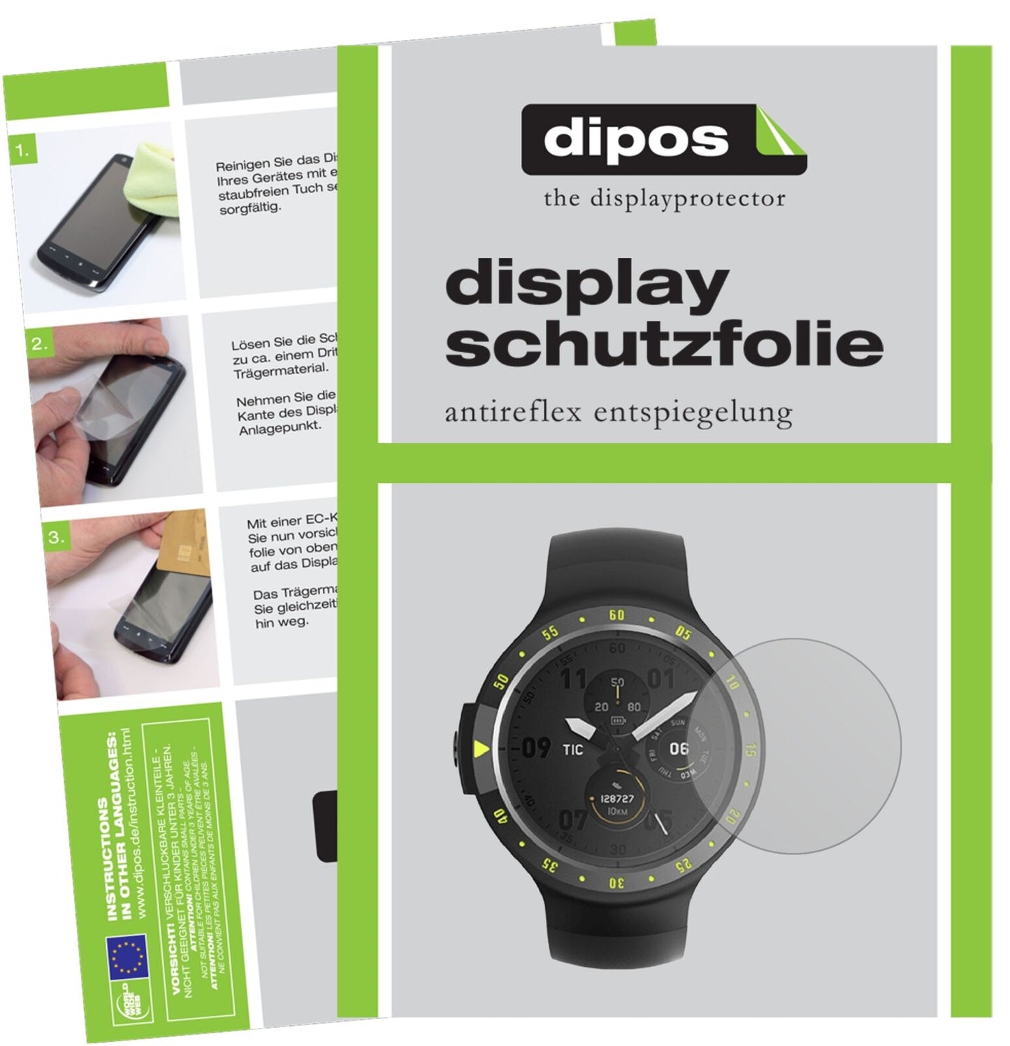 TicwatchS Smartwatch mit aufgebrachter dipos Displayschutzfolie, die lästige Fingerabdrücke minimiert