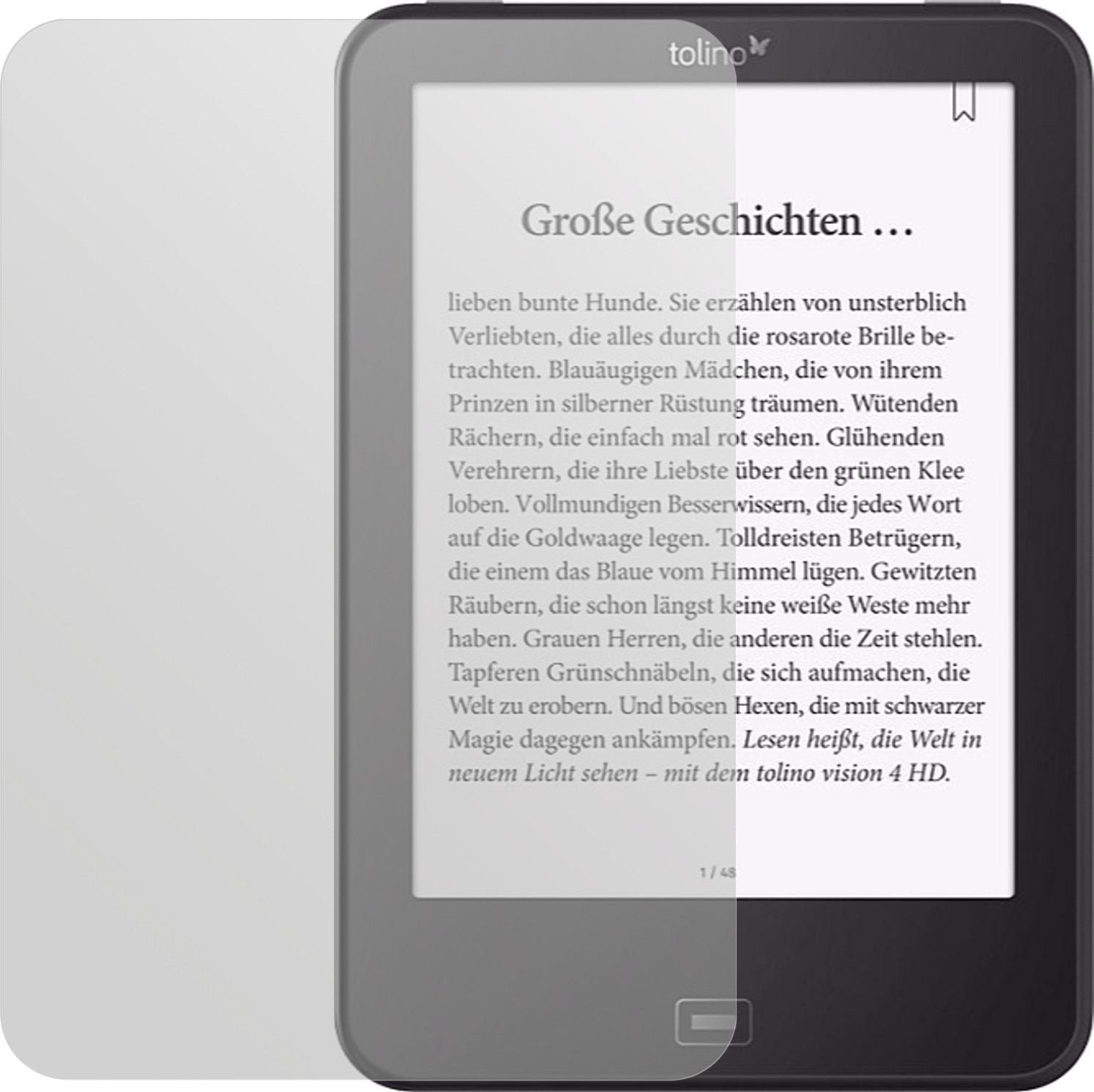 TolinoVision HD4 mit aufgebrachter dipos Displayschutzfolie, die lästige Fingerabdrücke minimiert