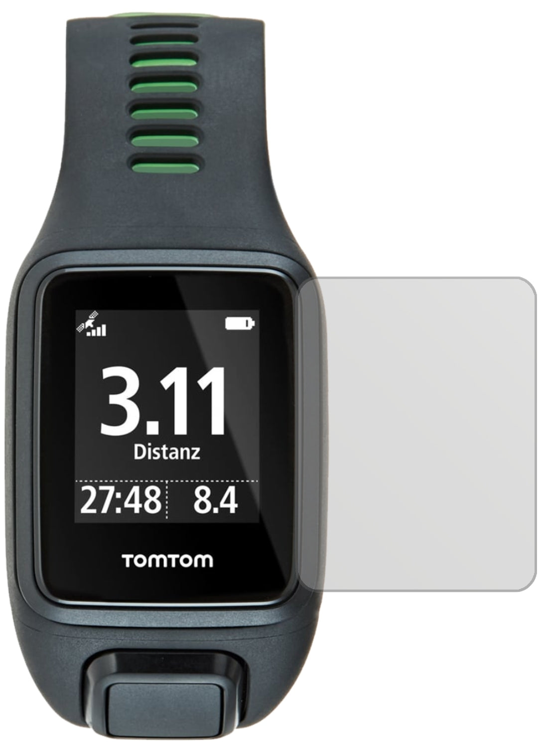 TomTomRunner 3 mit aufgebrachter dipos Displayschutzfolie, die lästige Fingerabdrücke minimiert
