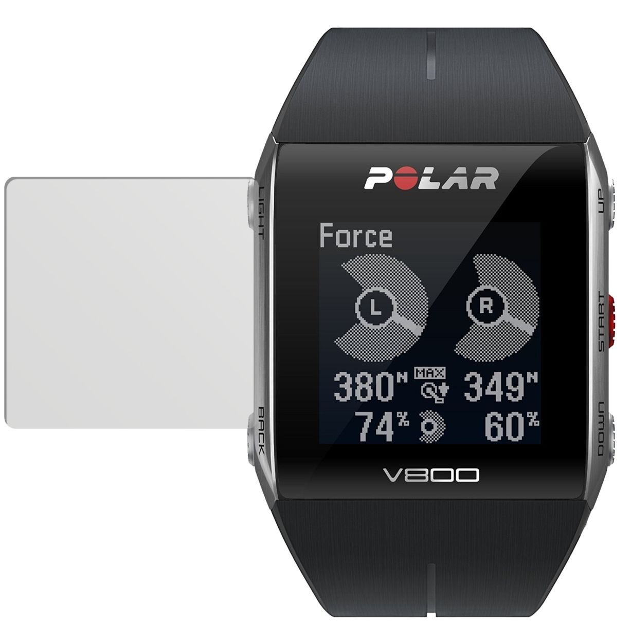 Trainingscomputer V800Polar mit aufgebrachter dipos Displayschutzfolie, die lästige Fingerabdrücke minimiert