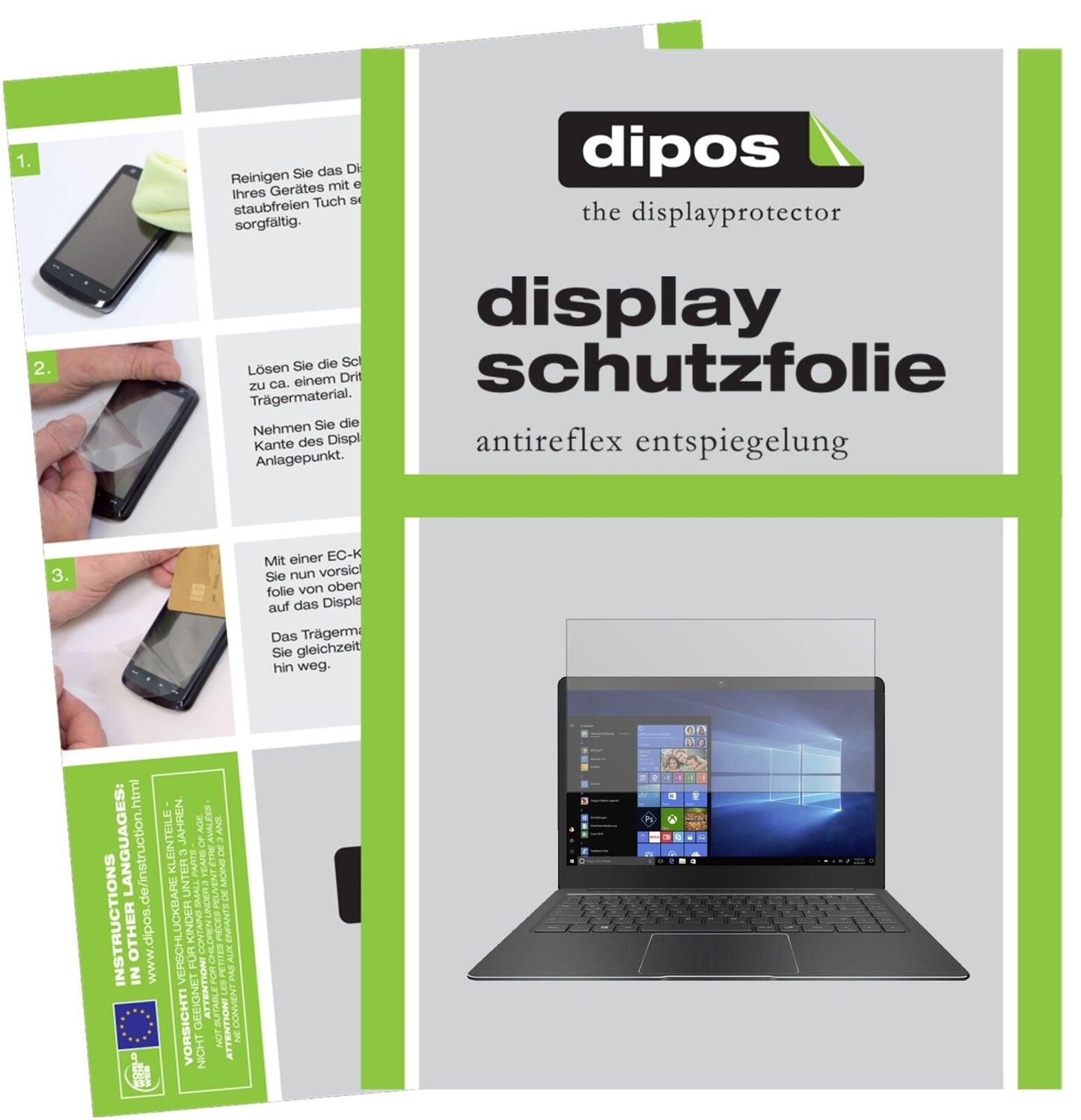 TrekstorPrimebook P14 mit aufgebrachter dipos Displayschutzfolie, die lästige Fingerabdrücke minimiert