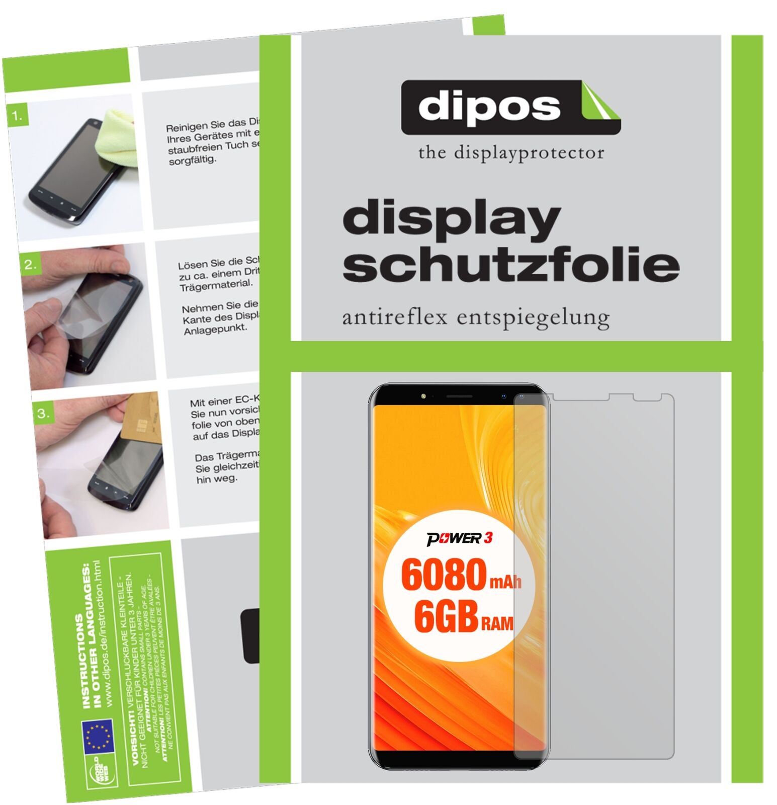 Matte Displayschutzfolie von dipos passend für Ulefone Power 3, präziser Zuschnitt und blasenfrei montiert