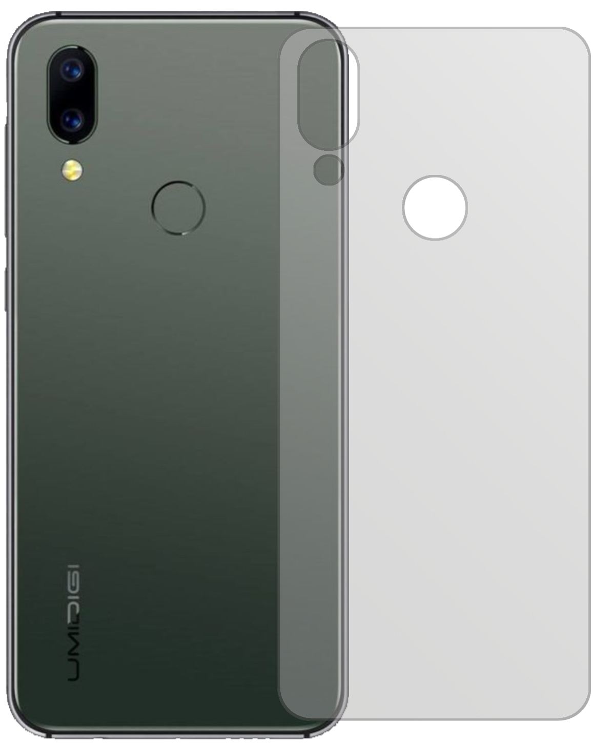 UmidigiA3S Rückseite mit aufgebrachter dipos Displayschutzfolie, die lästige Fingerabdrücke minimiert