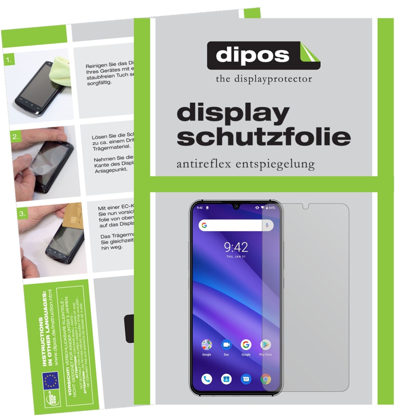 UmidigiA5 Pro mit aufgebrachter dipos Displayschutzfolie, die lästige Fingerabdrücke minimiert