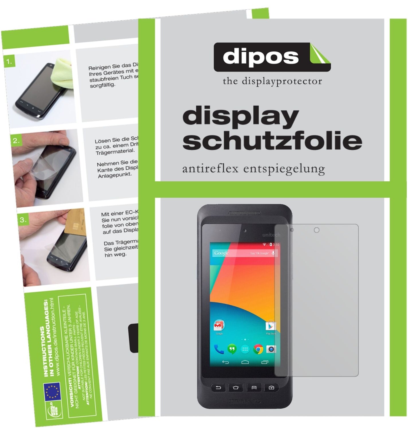 UnitechPA720 mit aufgebrachter dipos Displayschutzfolie, die lästige Fingerabdrücke minimiert