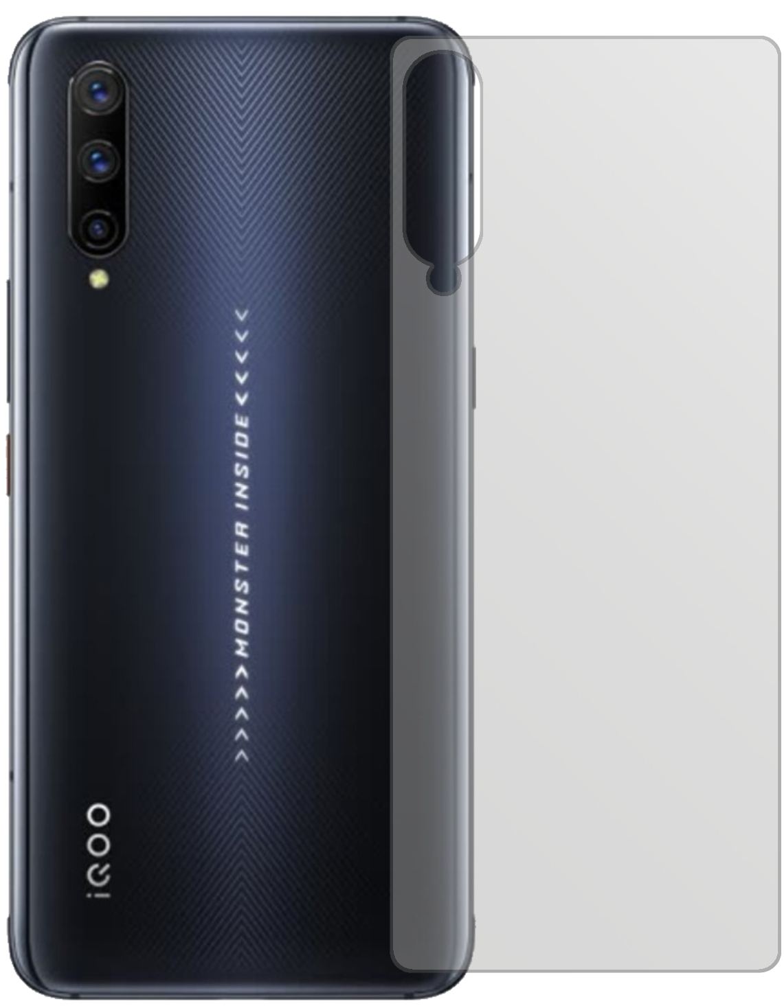 VivoIQOO Pro 5G Rückseite mit aufgebrachter dipos Displayschutzfolie, die lästige Fingerabdrücke minimiert