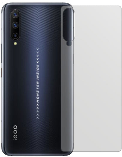 VivoIQOO Pro 5G Rückseite mit aufgebrachter dipos Displayschutzfolie, die lästige Fingerabdrücke minimiert