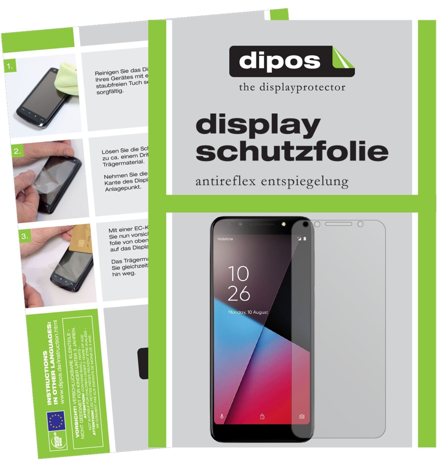 VodafoneSmart N9 Lite mit aufgebrachter dipos Displayschutzfolie, die lästige Fingerabdrücke minimiert