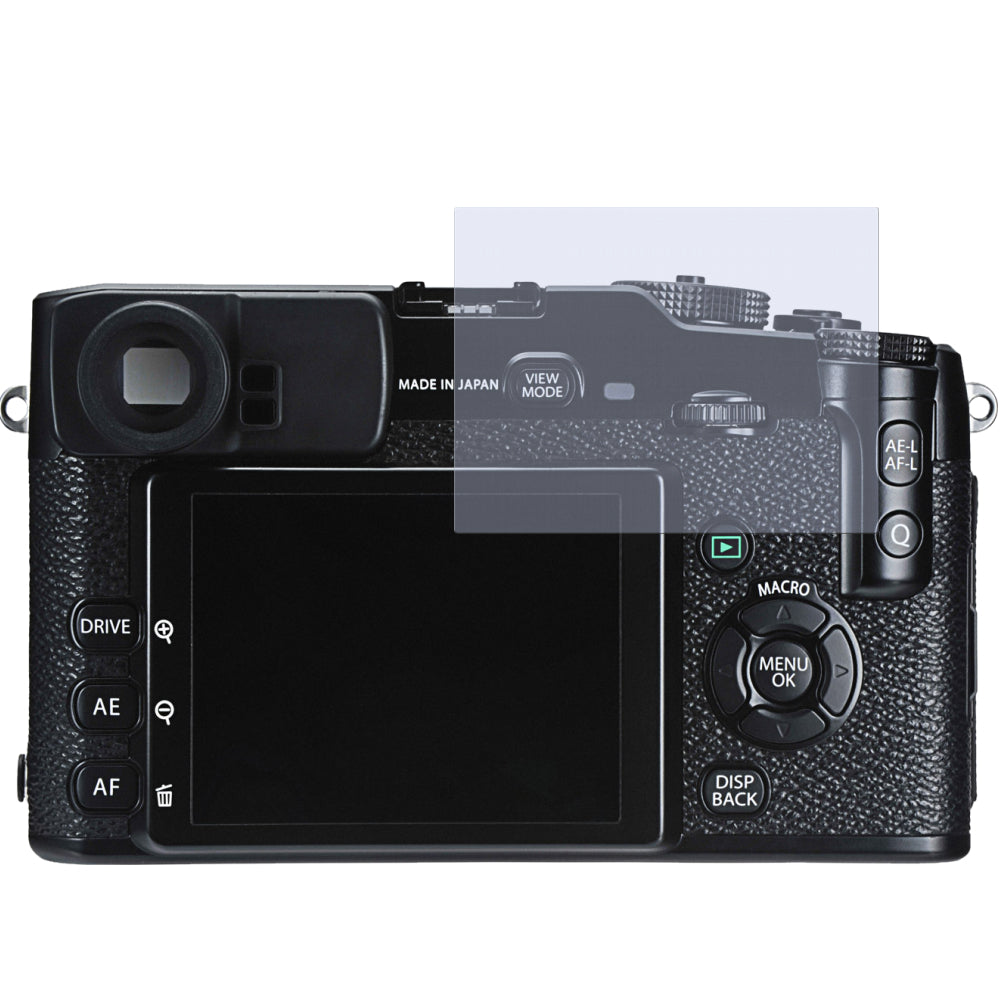 X-Pro 1Fujifilm mit aufgebrachter dipos Displayschutzfolie, glasklare Darstellung ohne Einschränkungen