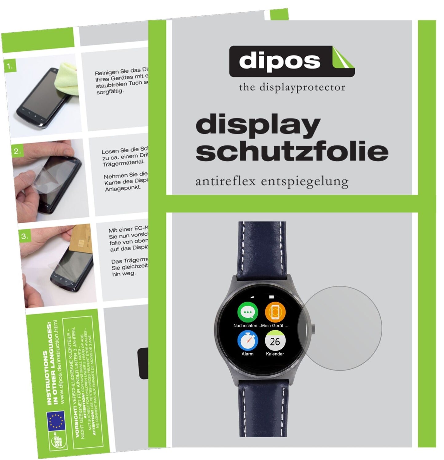 X-WatchQIN II Smartwatch mit aufgebrachter dipos Displayschutzfolie, die lästige Fingerabdrücke minimiert