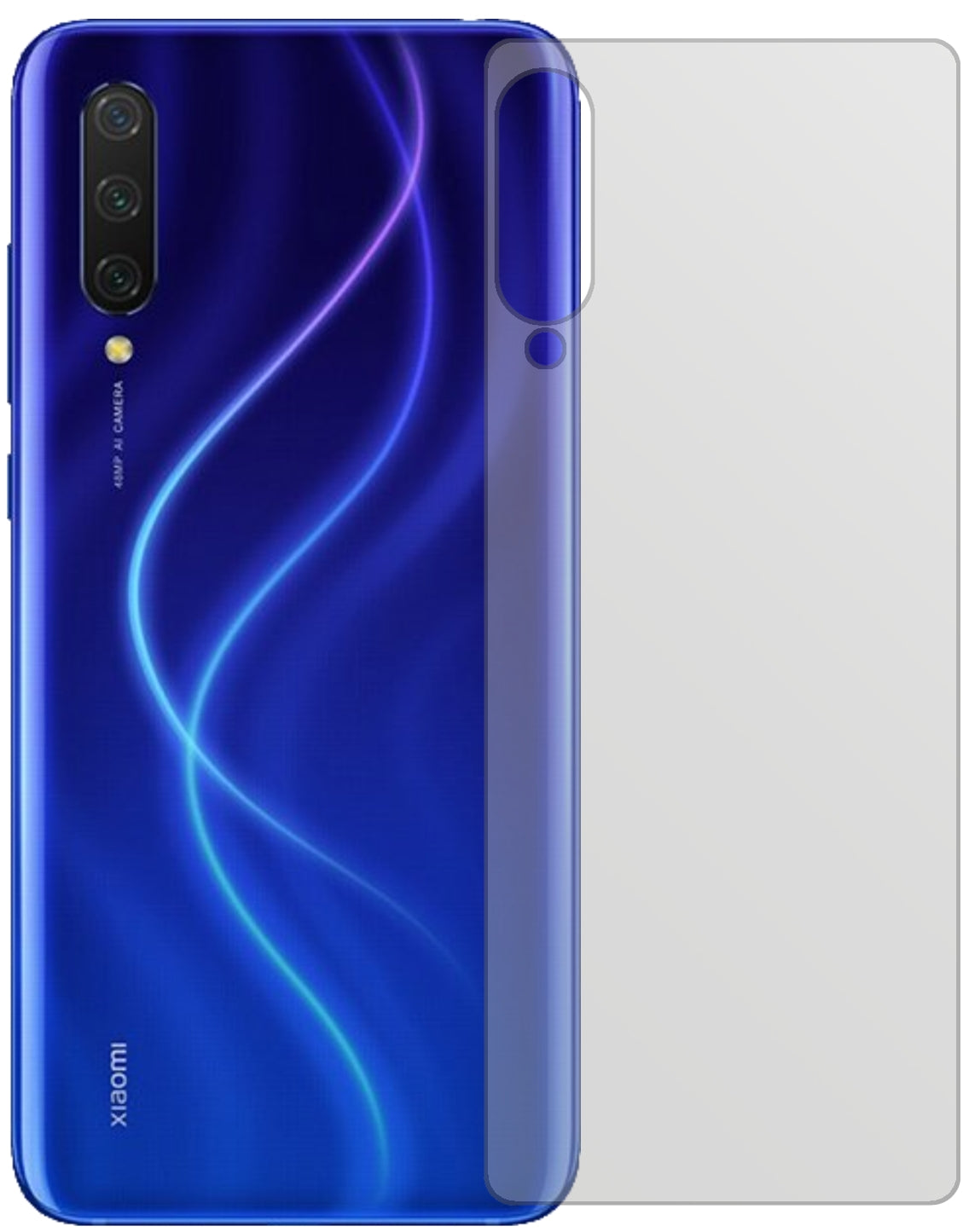 XiaomiMi CC9e Rückseite mit aufgebrachter dipos Displayschutzfolie, die lästige Fingerabdrücke minimiert
