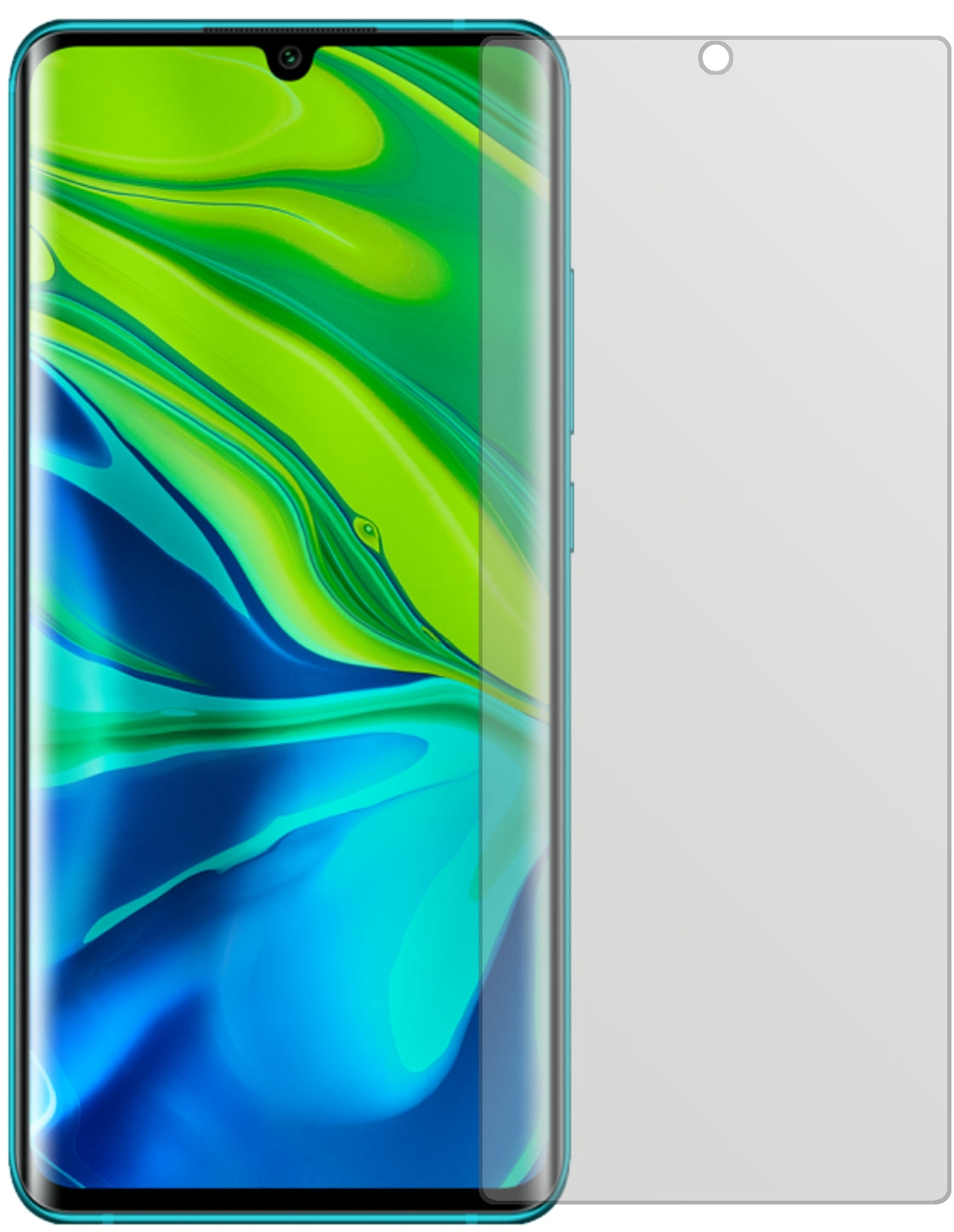 XiaomiMi Note 10 mit aufgebrachter dipos Displayschutzfolie, die lästige Fingerabdrücke minimiert