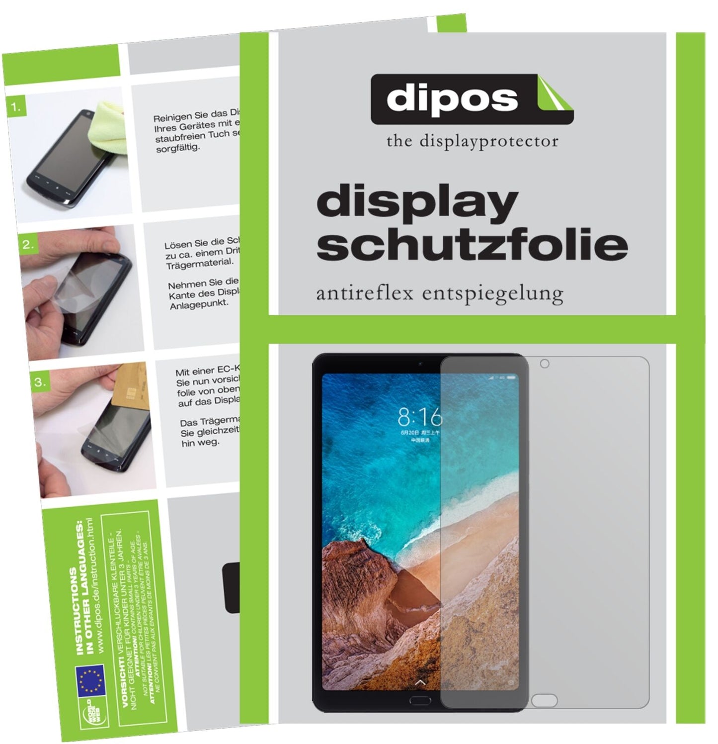 XiaomiMi Pad 4 Plus mit aufgebrachter dipos Displayschutzfolie, die lästige Fingerabdrücke minimiert