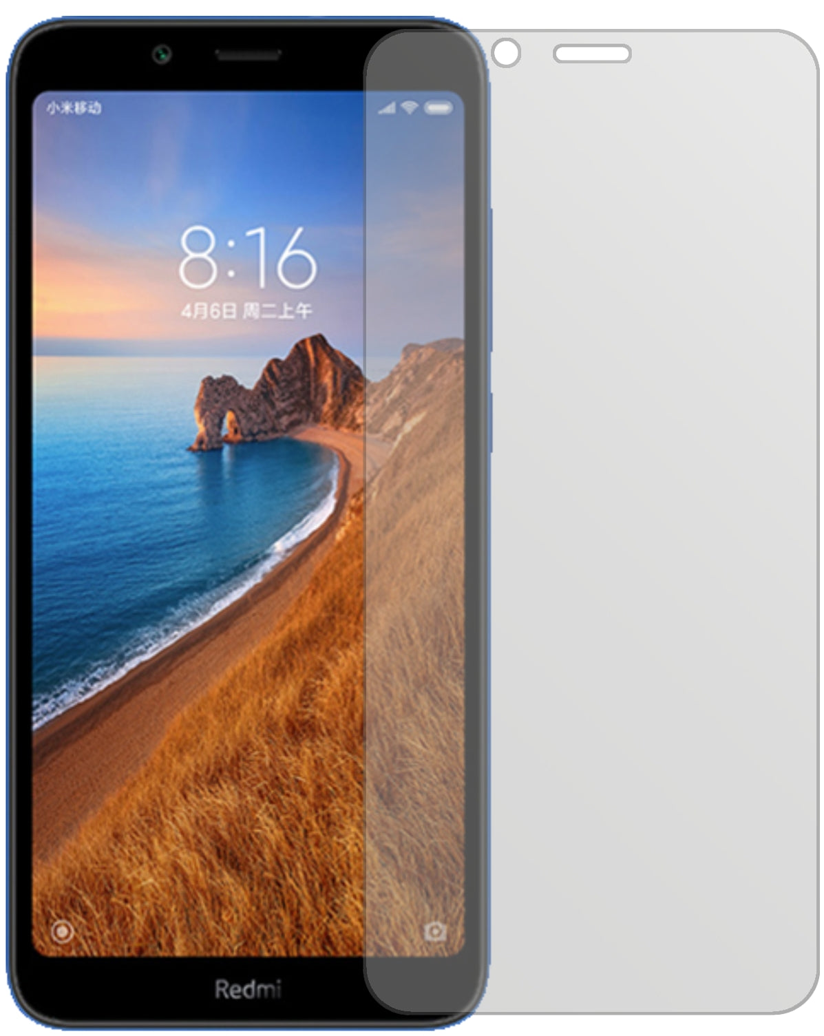 XiaomiRedmi 7A mit aufgebrachter dipos Displayschutzfolie, die lästige Fingerabdrücke minimiert