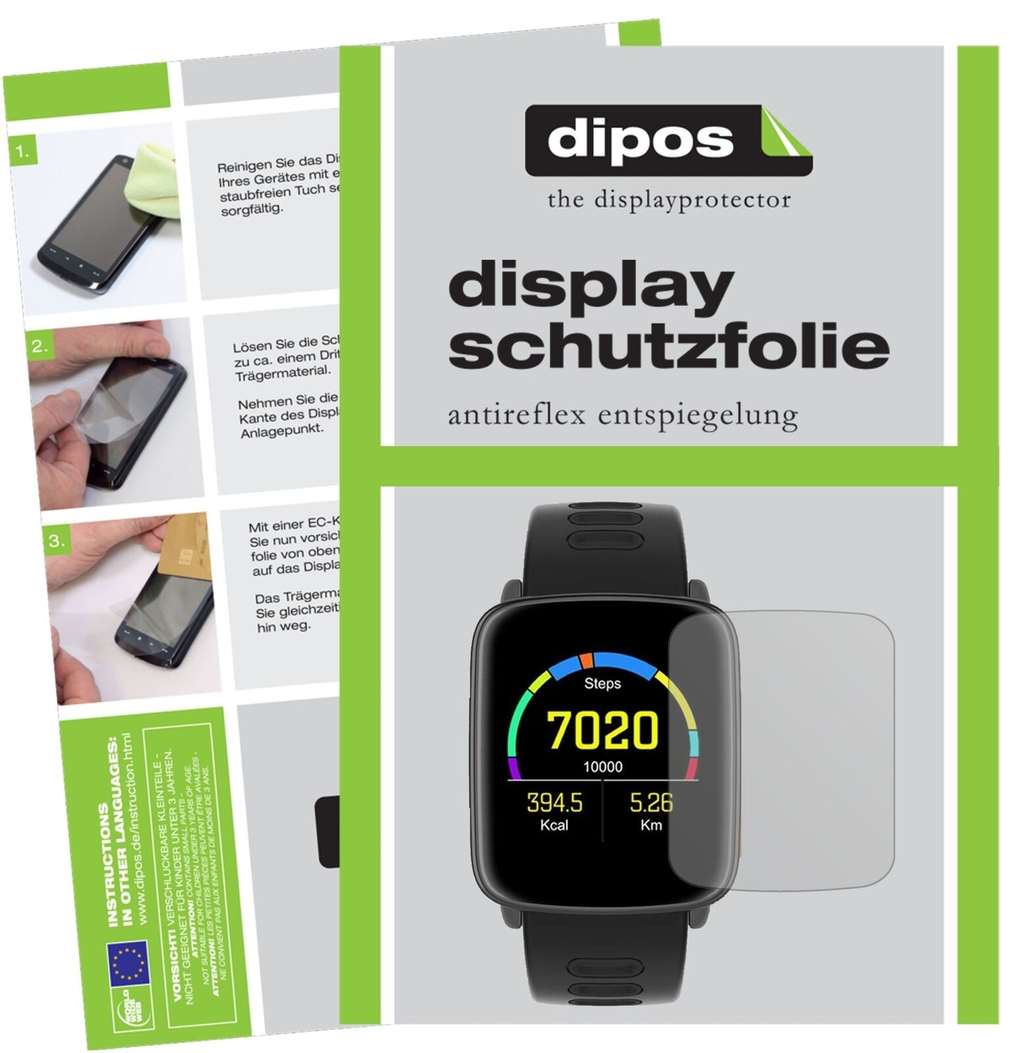 YamaySW018 Smartwatch mit aufgebrachter dipos Displayschutzfolie, die lästige Fingerabdrücke minimiert