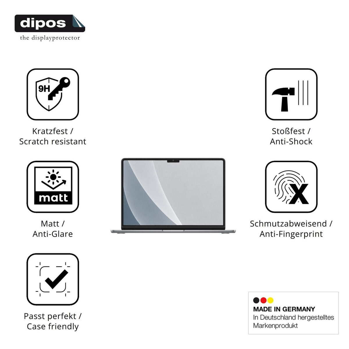 Matte Displayschutzfolie von dipos passend für Apple MacBook Air M2 13 Zoll 2022, 9H kratzfest und blasenfrei montiert