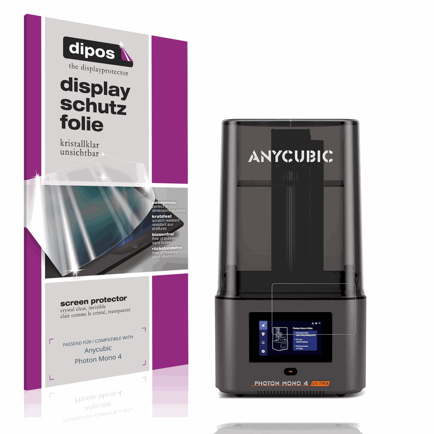 Klare Displayschutzfolie von dipos passend für Anycubic Photon Mono 4, präziser Zuschnitt und blasenfrei montiert