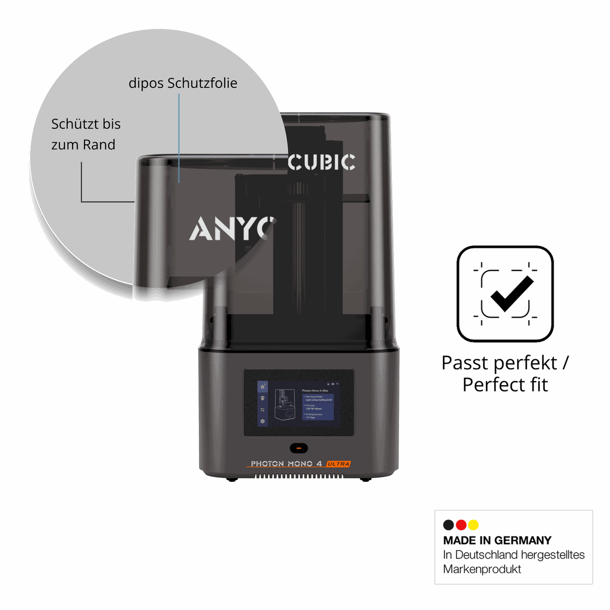 Schutz gegen Kratzer auf dem Anycubic Photon Mono 4 Ultra Glas durch Schlüssel oder Ähnliches