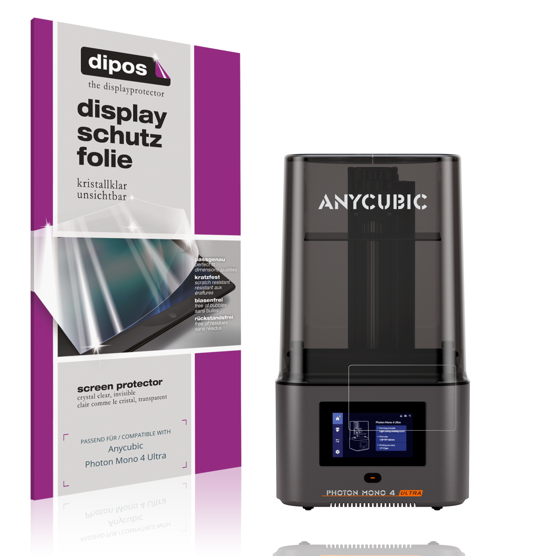Klare Displayschutzfolie von dipos passend für Anycubic Photon Mono 4 Ultra, präziser Zuschnitt und blasenfrei montiert