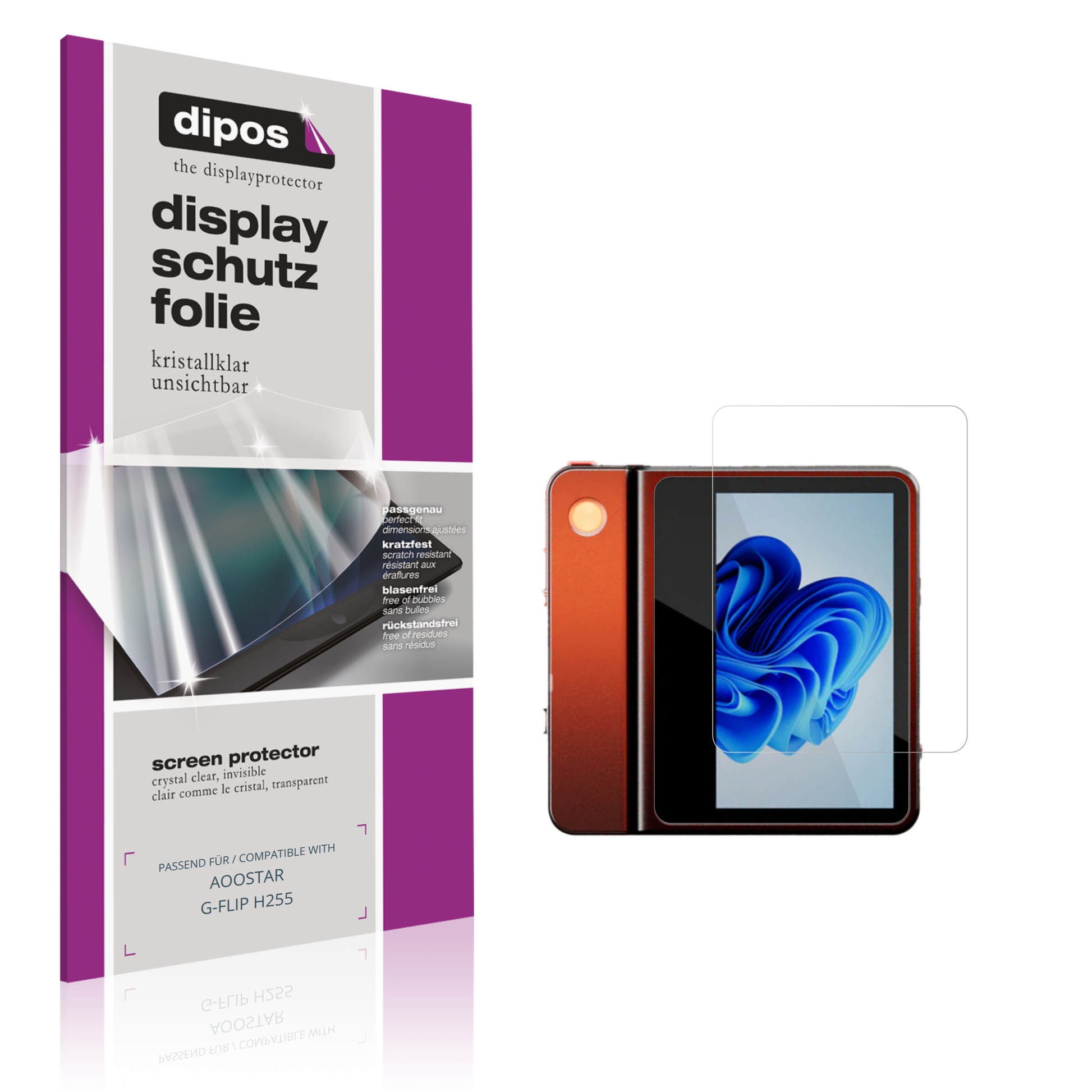 Klare Displayschutzfolie von dipos passend für AOOSTAR G-FLIP H255, präziser Zuschnitt und blasenfrei montiert