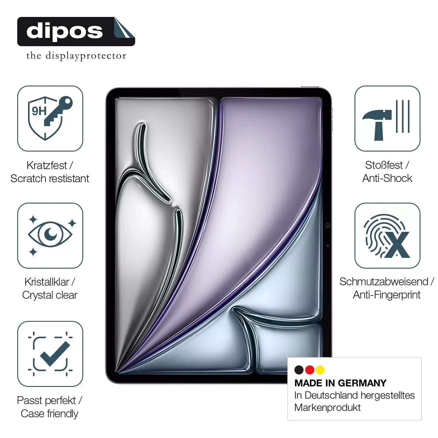 dipos Displayschutz für Apple iPad Air 13 Zoll M2 2024, transparente Oberfläche, perfekte Passform auch für die Rundungen