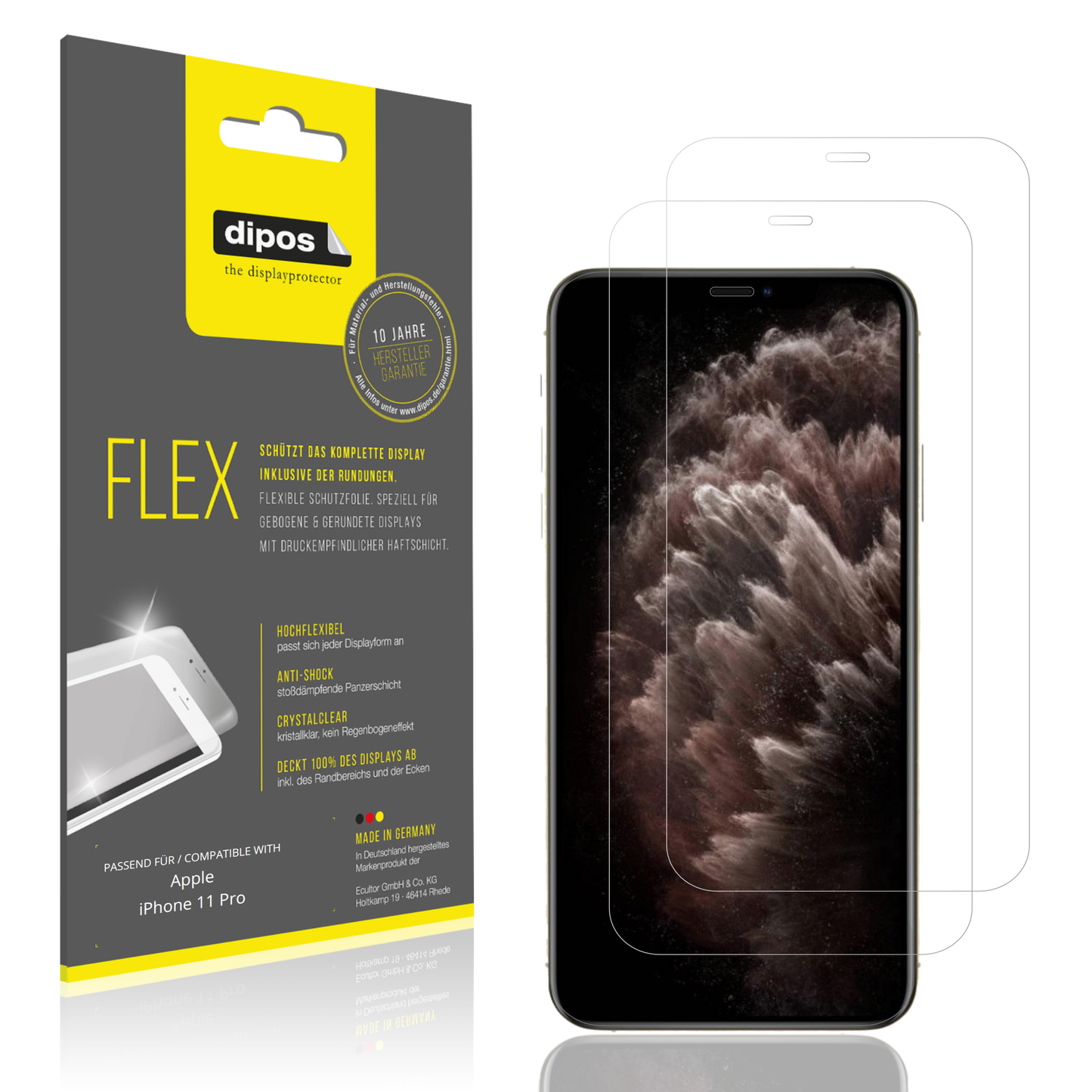 Klare Displayschutzfolie von dipos passend für Apple iPhone 11 Pro, 100% Displayabdeckung und blasenfreie Montage