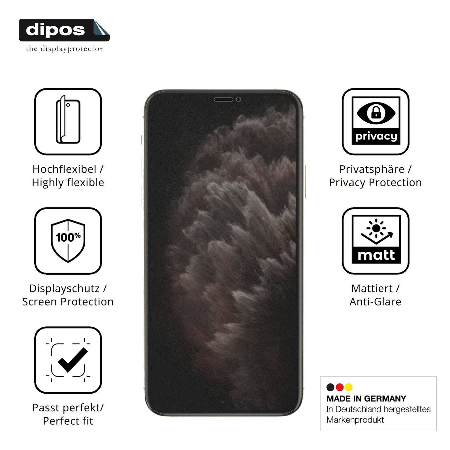 Flexible TPU-Folie passend zugeschnitten für Apple iPhone 11 Pro Max, mit Privatsphäre-Schutz durch Sichtschutz-Folie