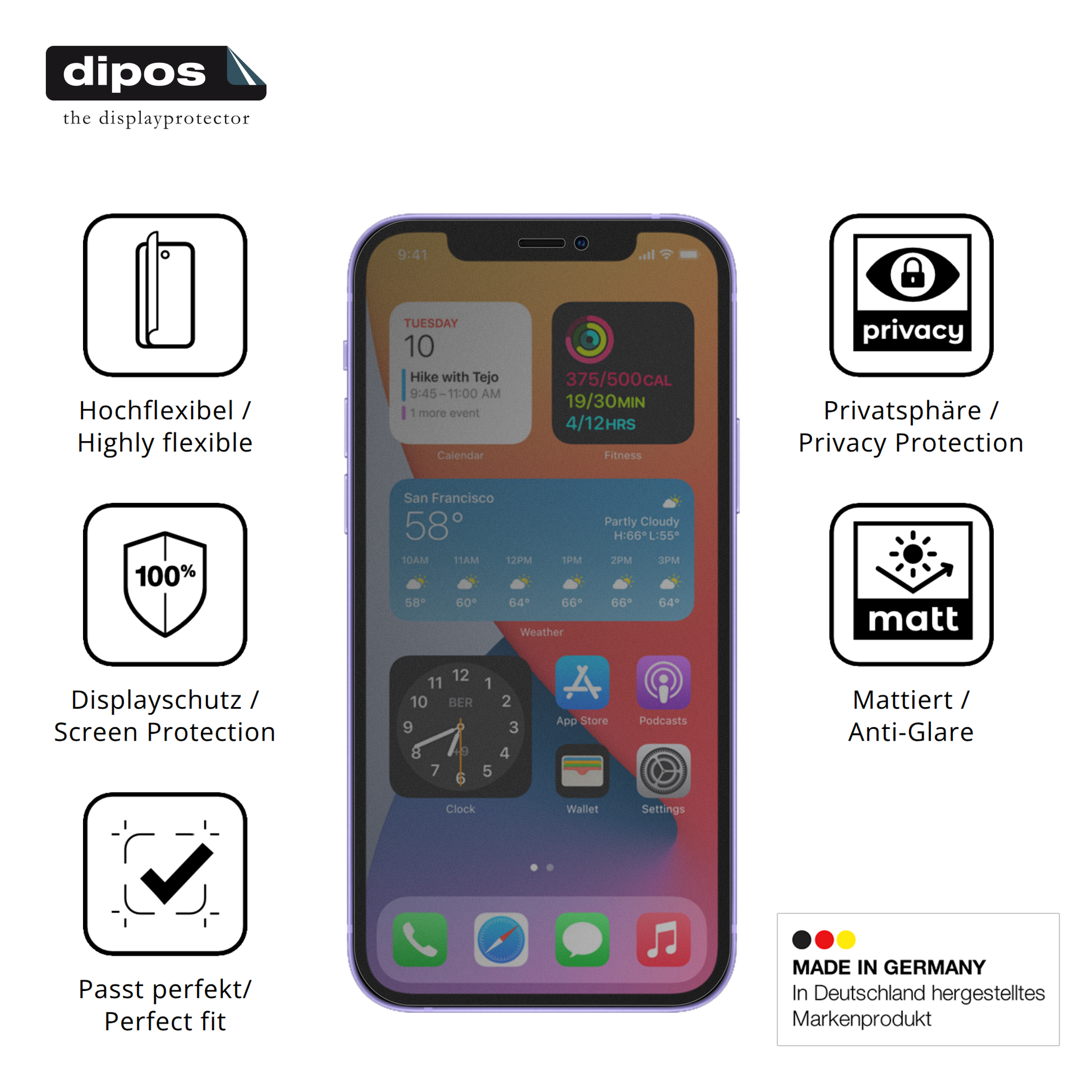 Flexible TPU-Folie passend zugeschnitten für Apple iPhone 12 Pro, mit Privatsphäre-Schutz durch Sichtschutz-Folie