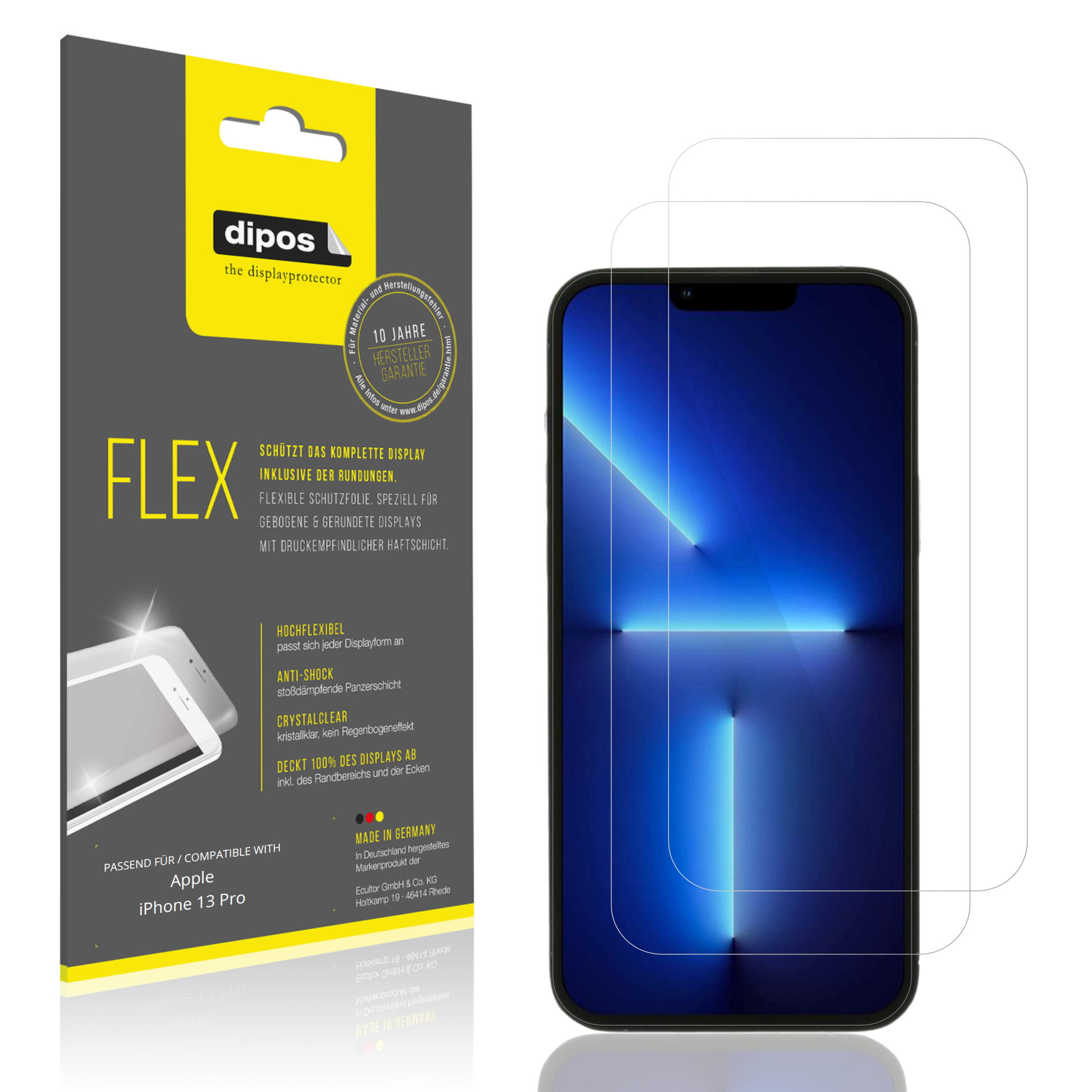 Klare Displayschutzfolie von dipos passend für Apple iPhone 13 Pro, 100% Displayabdeckung und blasenfreie Montage