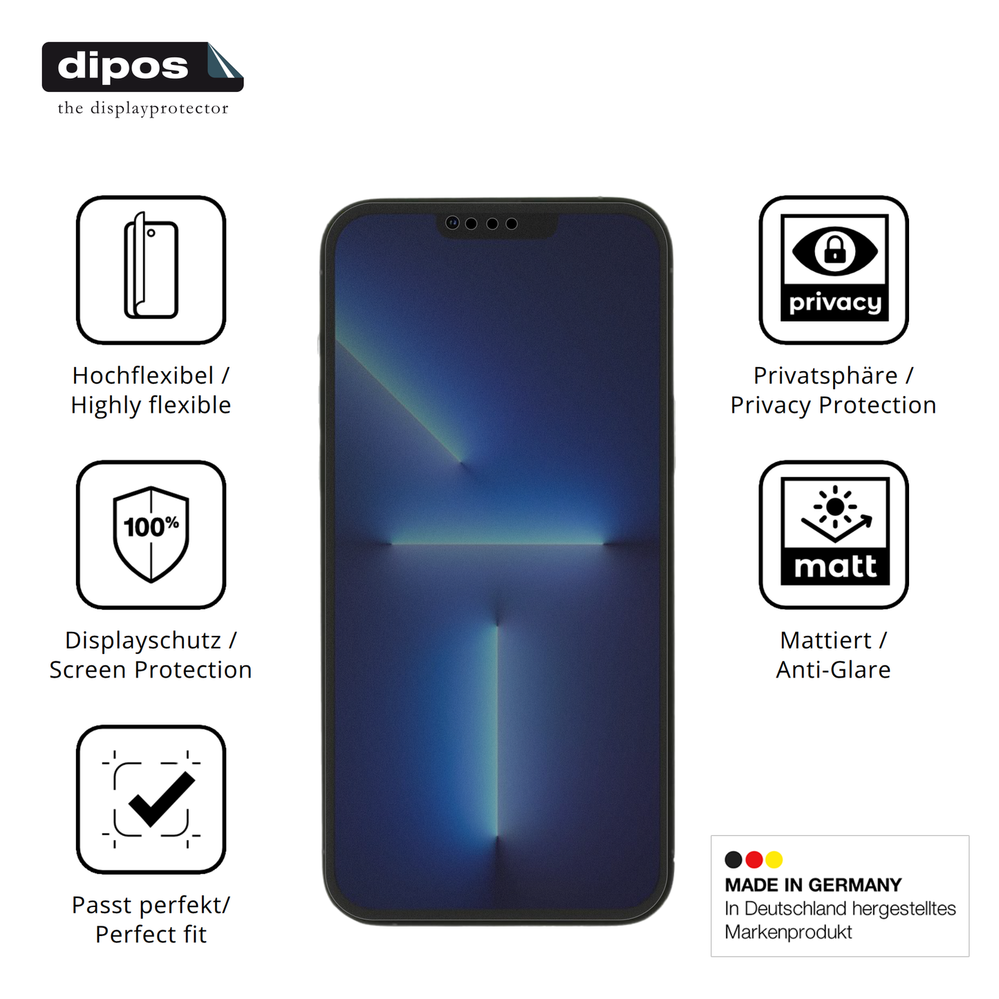 Flexible TPU-Folie passend zugeschnitten für Apple iPhone 13, mit Privatsphäre-Schutz durch Sichtschutz-Folie