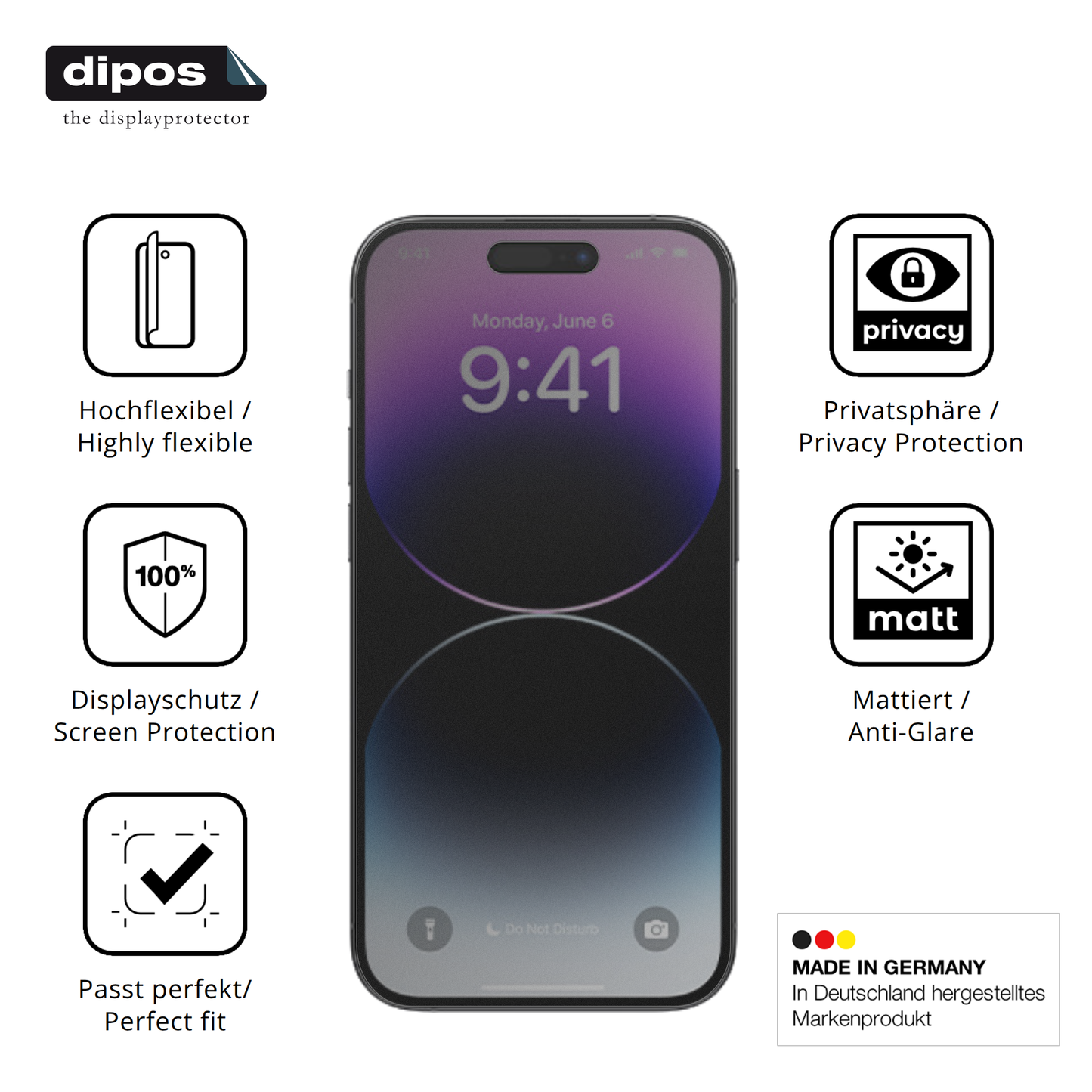 Flexible TPU-Folie passend zugeschnitten für Apple iPhone 14 Pro, mit Privatsphäre-Schutz durch Sichtschutz-Folie