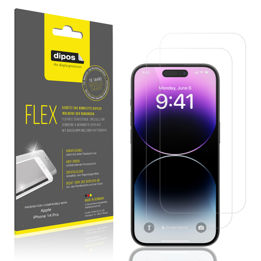 Klare Displayschutzfolie von dipos passend für Apple iPhone 14 Pro, 100% Displayabdeckung und blasenfreie Montage