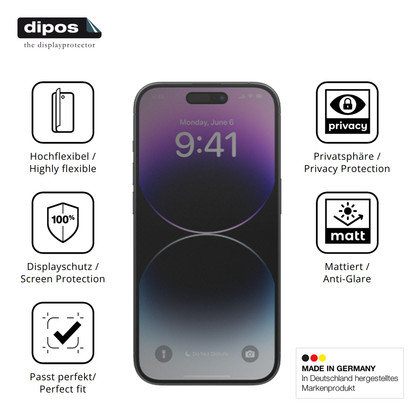 Flexible TPU-Folie passend zugeschnitten für Apple iPhone 14 Pro Max, mit Privatsphäre-Schutz durch Sichtschutz-Folie