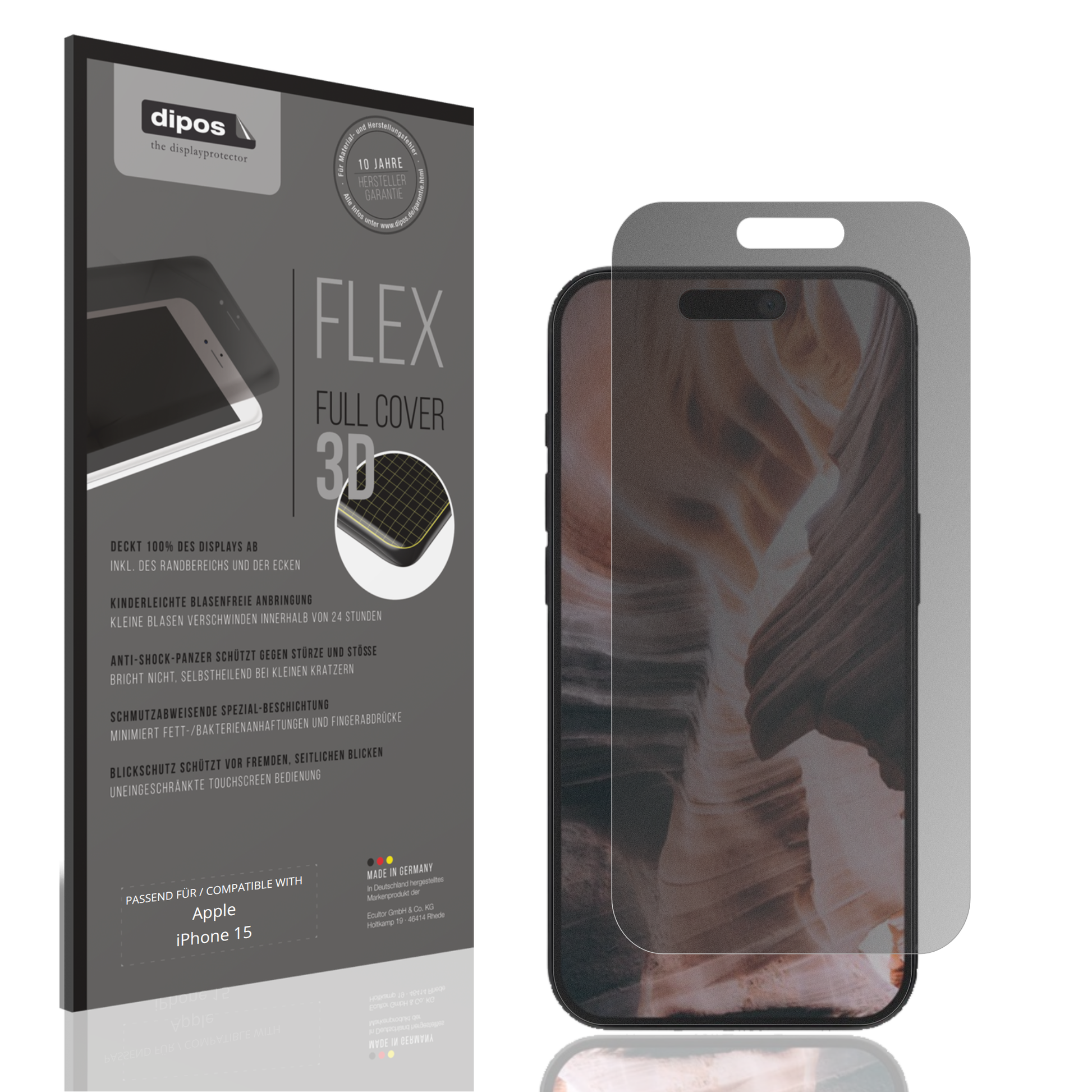 Blickschutzfolie von dipos passend für Apple iPhone 15, 100% Displayabdeckung und blasenfreie Montage