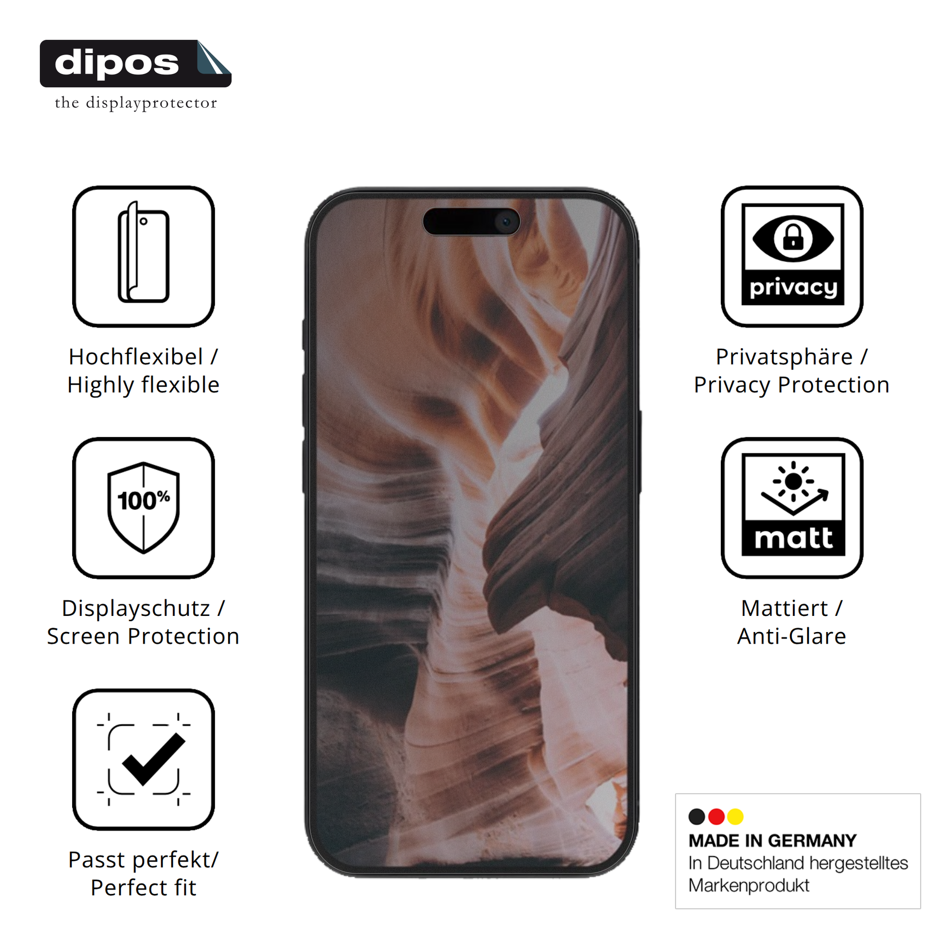 Flexible TPU-Folie passend zugeschnitten für Apple iPhone 15, mit Privatsphäre-Schutz durch Sichtschutz-Folie