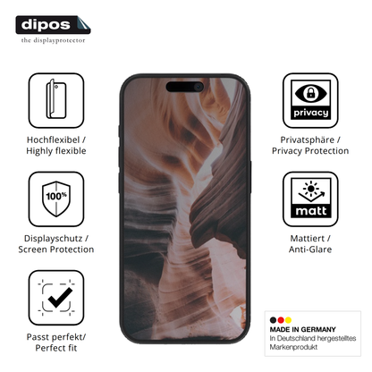 Flexible TPU-Folie passend zugeschnitten für Apple iPhone 15, mit Privatsphäre-Schutz durch Sichtschutz-Folie