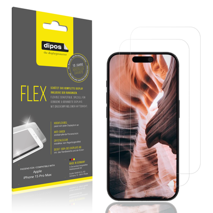 Klare Displayschutzfolie von dipos passend für Apple iPhone 15 Pro Max, 100% Displayabdeckung und blasenfreie Montage