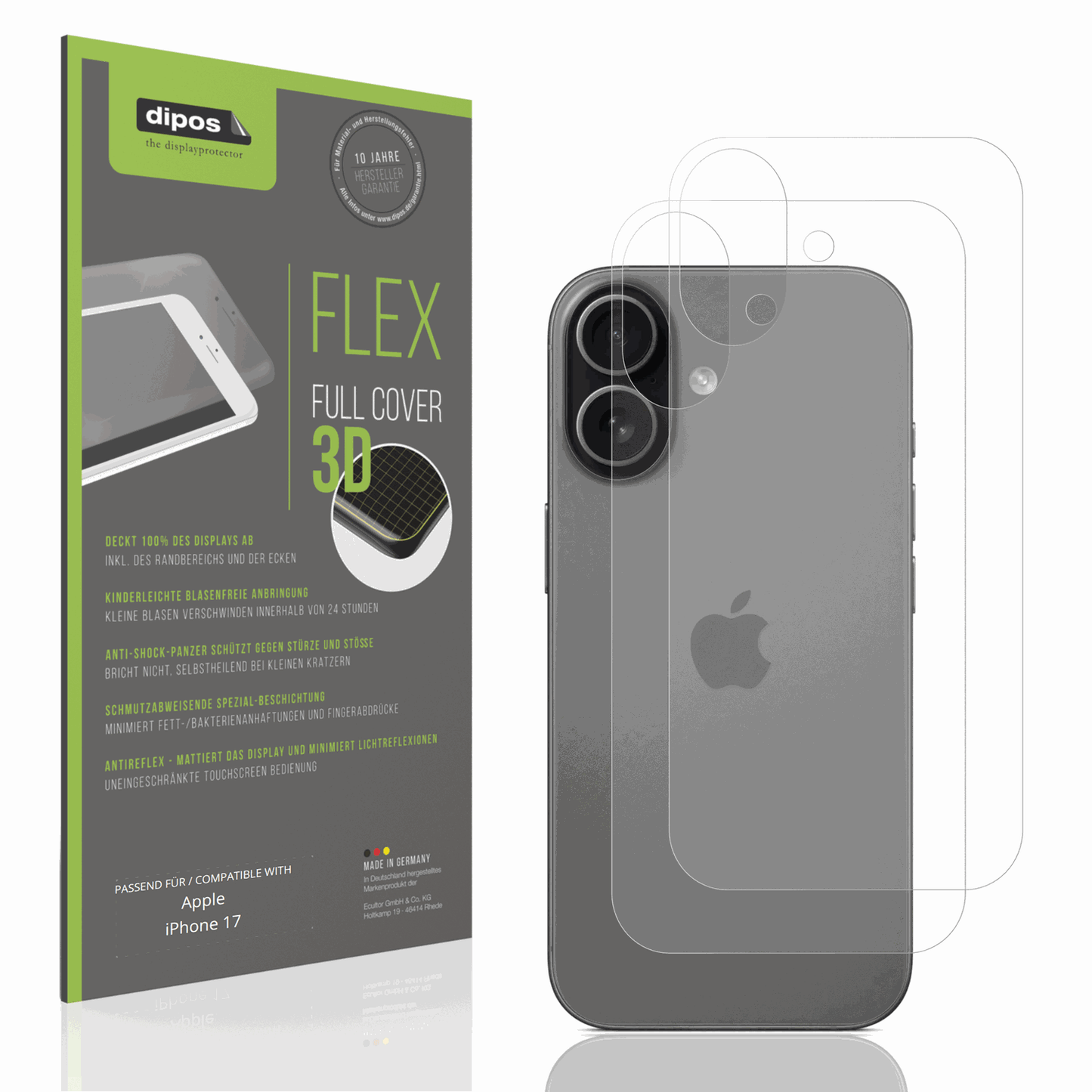 Matte Displayschutzfolie von dipos passend für Apple iPhone 17 Rückseite, 100% Displayabdeckung und blasenfreie Montage